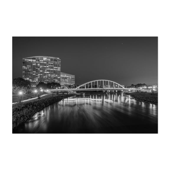 The Main Street Bridge B&W - Columbus Ohio Photography Black and White Bridge Night Sky City Architecture Nightlife Water Unframed Wall Art Print 4 x 6 inches