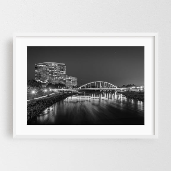 The Main Street Bridge B&W - Columbus Ohio Photography Black and White Bridge Night Sky City Architecture Nightlife Water White Framed Wall Art Print 5 x 7 inches