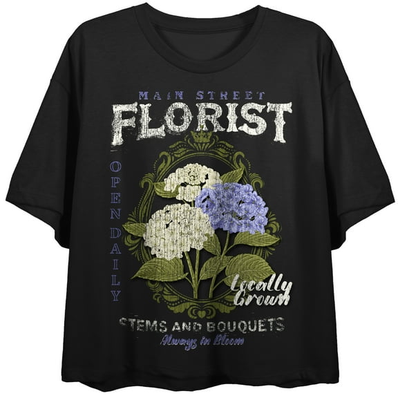 Main Street Florist Locally Grown Crew Neck Short Sleeve Women's Black Crop Top-Medium