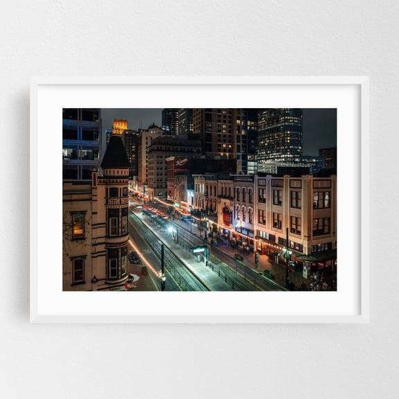 Main Street, Houston 02 - Houston Texas Photography Cityscape Nightlife Street Photography Architecture Neon Sign Skyline Travel Poster White Framed Wall Art Print 5 x 7 inches