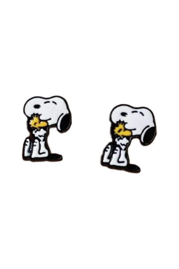 Peanuts Cartoon Dog Holding Woodstock Metal Enamel Stud Earrings