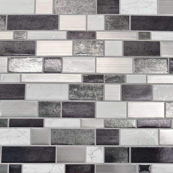 Main Street Peel & Stick Wallpaper Tiles, Black, Silver and White Mosaic, 8 in x 8 in, 24 Pack, Self Adhesive Wall Tiles for Kitchen Backsplash and Home Decor