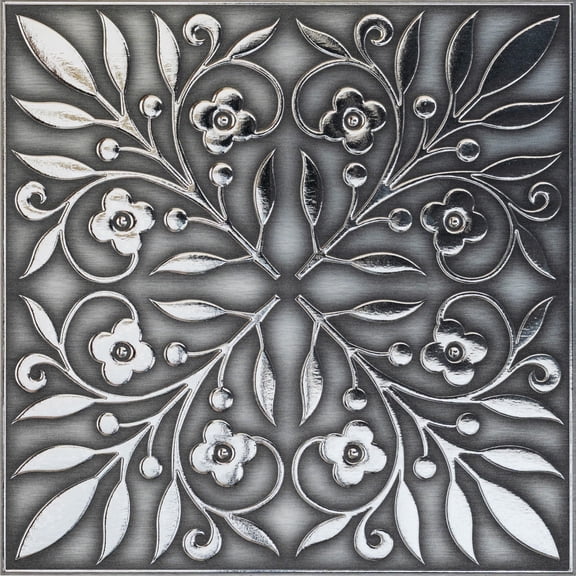 Main Street Peel & Stick Wallpaper Tiles, Brushed Nickel and Silver Leaves, 8 in x 8 in, 24 Pack, Self Adhesive Wall Tiles for Kitchen Backsplash and Home Decor
