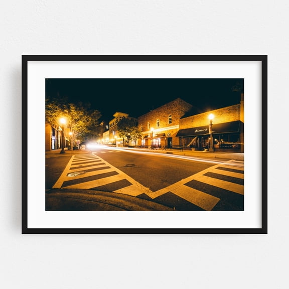 Main Street, Rock Hill - Rock Hill South Carolina Photography Nightlife Street Photography City Architecture Night Sky Vintage Travel Poster Black Framed Wall Art Print 5 x 7 inches