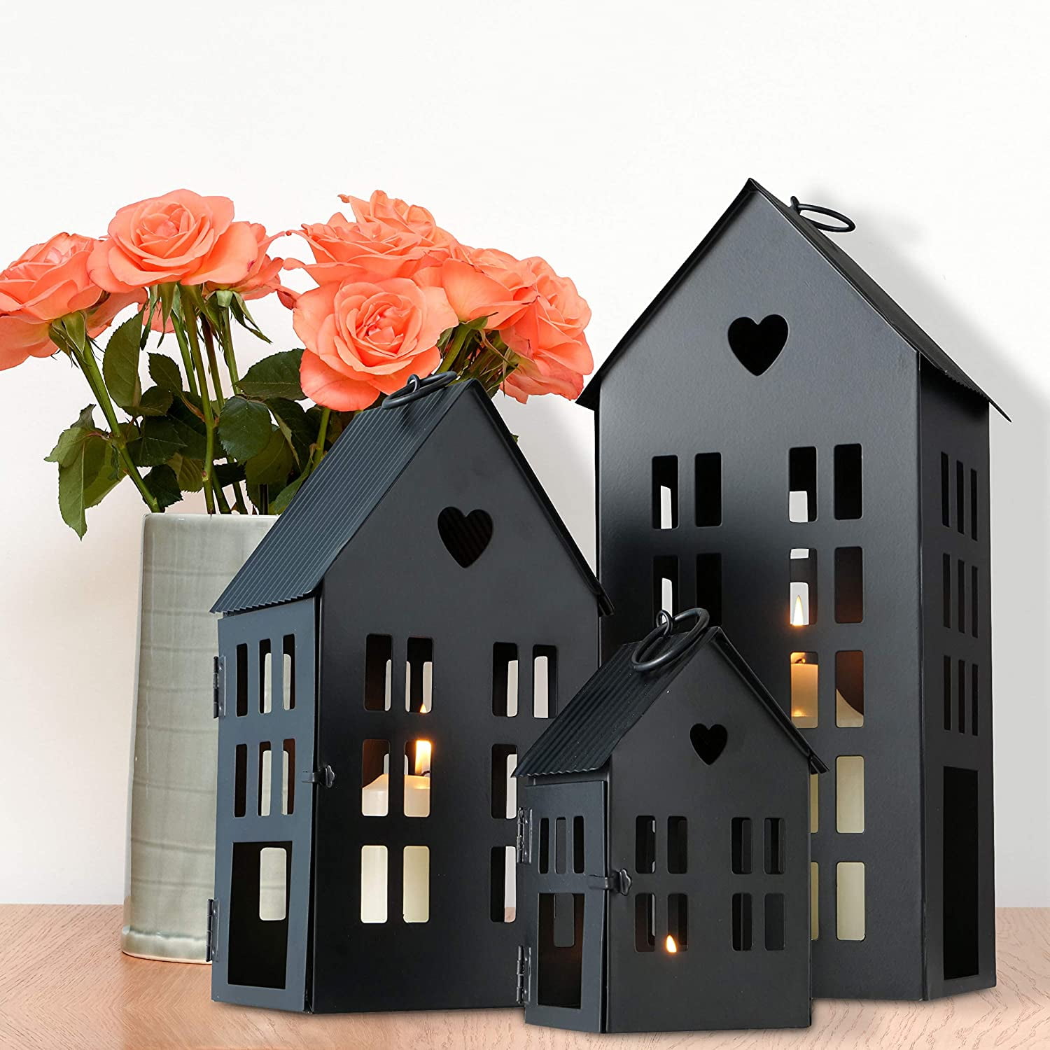 Set of 3 Black Metal Heart Detail Candle Lanterns