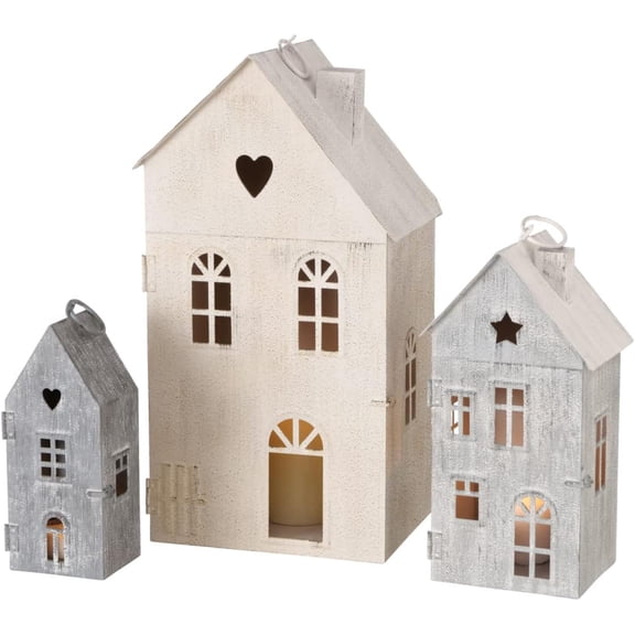 Main Street Town House Candle Lanterns, Set of 3, Vintage Style, Heart and Star Details, Tonal Ivory and Grey Metal, Gabled Roof-tops, 6.25, 8.25 and 12.5 Inches Tall