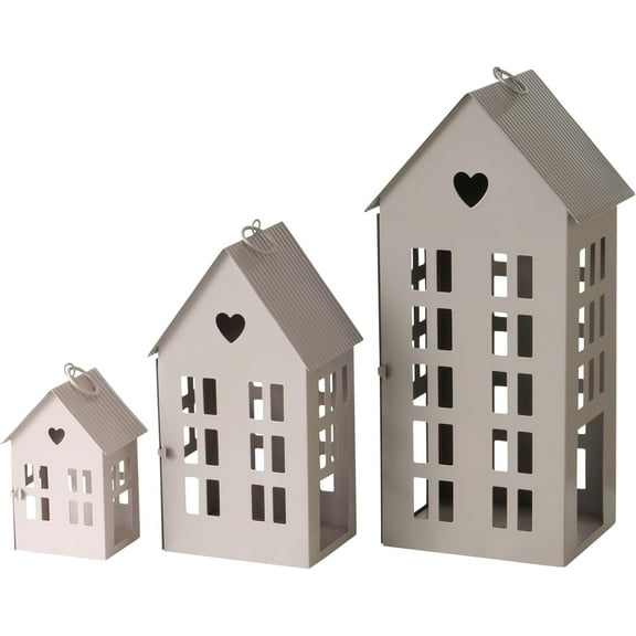 Main Street Town House 3-Piece Candle Lanterns Set, Rustic Beige & Pale Brown Metal Corrugated Heart Details