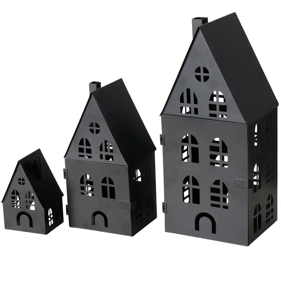 Main Street Town House Candle Lanterns, Set of 3, Vintage Style, Arched Window Details, Rustic Black, Metal, 13.75, 9.5, and 5 Inches Tall Y101