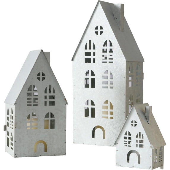 Main Street Town House Candle Lanterns, Set of 3, Vintage Style, Arched Window Details, Rustic Grey, Metal, 14.5, 9.5, and 5 Inches Tall