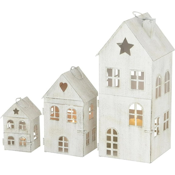 Main Street Town House Candle Lanterns, Set of 3, Vintage Style, Heart and Star Details, Rustic White, Metal, 13.75, 8.25 and 5 Inches Tall