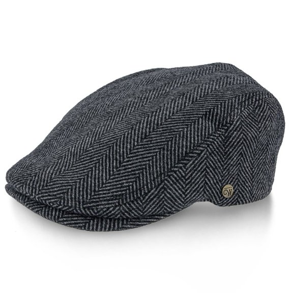 Walrus Hats Main Street Grey Herringbone Wool Flat Cap Herringbone & Plaid Designs Snap Brim Grosgrain Sweatband Quilted Lining Comfortable