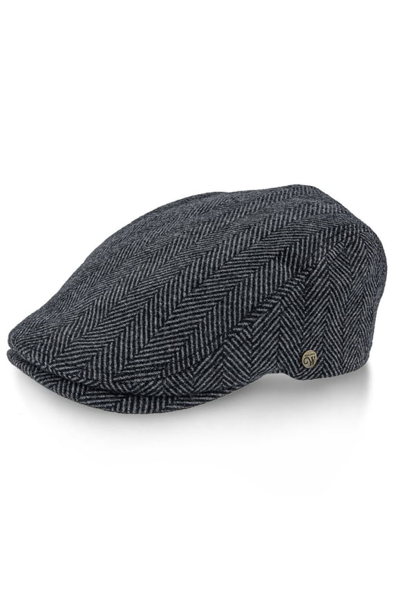 Main Street Grey Herringbone Wool Flat Cap Herringbone & Plaid Designs Snap Brim Grosgrain Sweatband Quilted Lining Comfortable