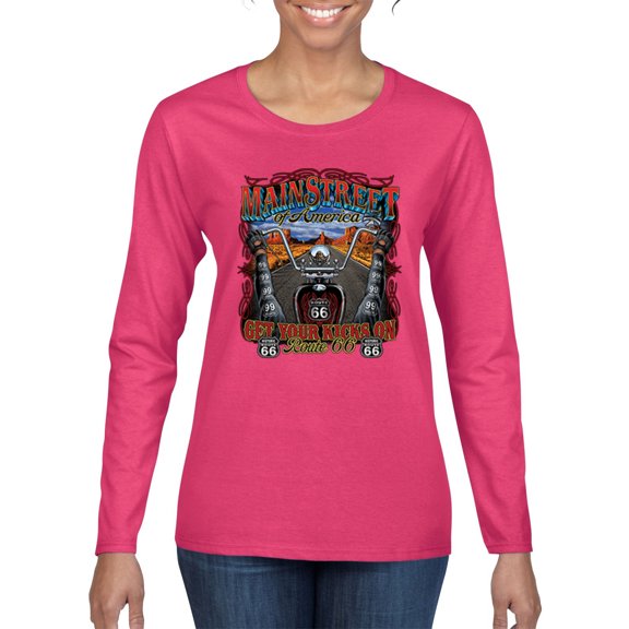 Main Street of America Route 66 Bike Motorcycle Cars and Trucks Womens Graphic Long Sleeve T-Shirt, Fuschia, 2XL