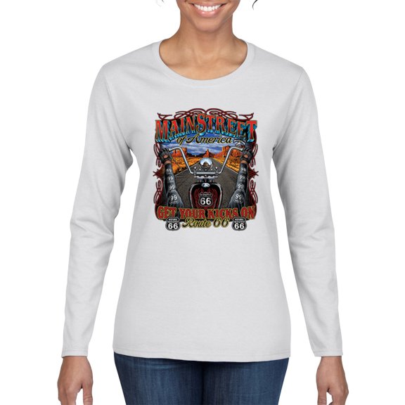 Main Street of America Route 66 Bike Motorcycle Cars and Trucks Womens Graphic Long Sleeve T-Shirt, White, Small