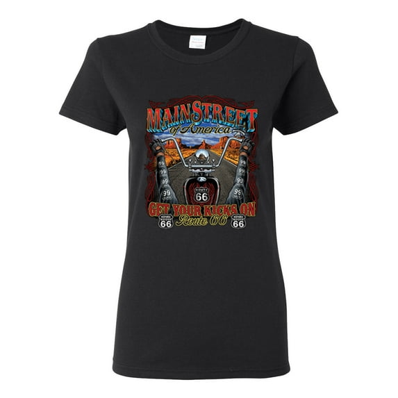 Main Street of America Route 66 Bike Motorcycle Cars and Trucks Womens Graphic T-Shirt, Black, Small