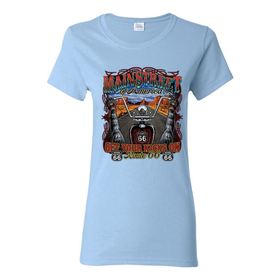 Main Street of America Route 66 Bike Motorcycle Cars and Trucks Womens Graphic T-Shirt, Light Blue, Small