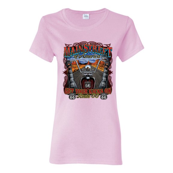 Main Street of America Route 66 Bike Motorcycle Cars and Trucks Womens Graphic T-Shirt, Light Pink, Small