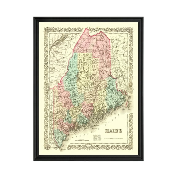 Maine Art, 1855 Vintage Map of Maine History Wall Decor Gift, Old Maine Map - 18" x 24" Black Framed Print