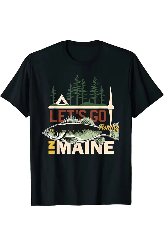 Maine Bass Fishing Camping Graphic for Men Short Sleeve Casual T-Shirt