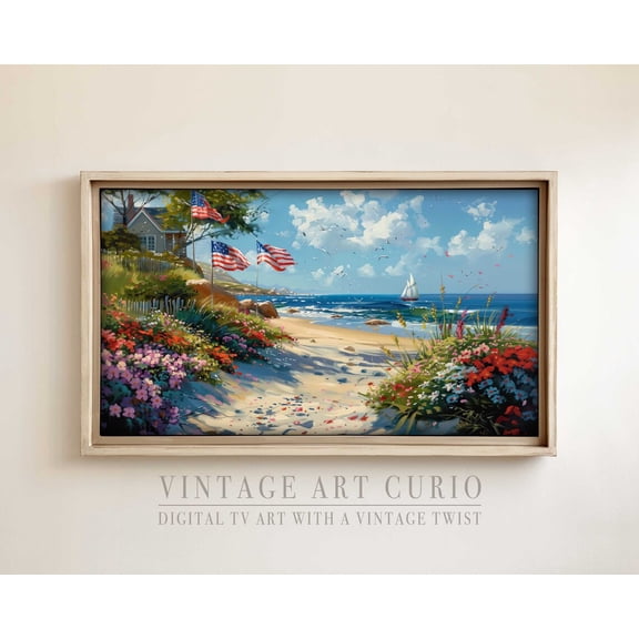 Maine Beach House Patriotic Flags, Vintage 4Th Of July Home Decor #2996, 8x12 UNFRAMED