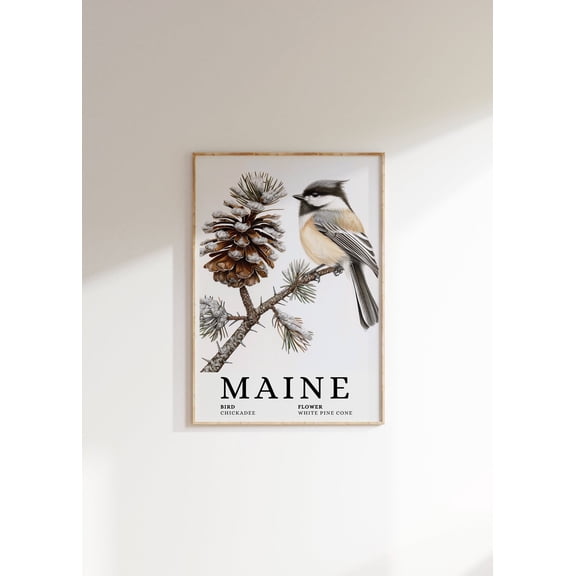 Maine Chickadee & Pine Cone Art Poster: State Bird Wall Decor, Stretched Canvas Size 16x24