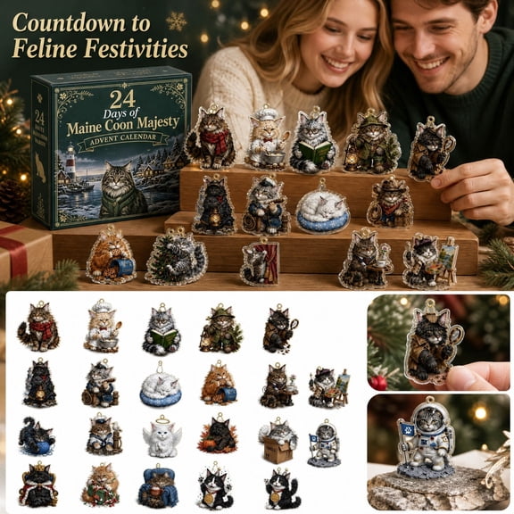 Maine Coon Cat Advent Calendar, 24 Days Christmas Countdown Advent Box with Maine Coon Majesty Acrylic Ornaments, Holiday Decor Gift Set