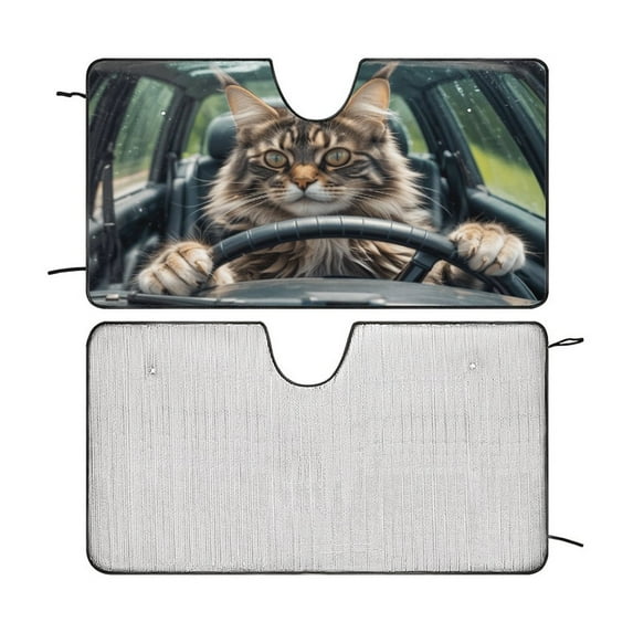 Maine Coon Cat Car Windshield Sun Shade Cute Animal Fold-able UV Ray Sun Visor Protector Sunshade to Keep Your Vehicle Cool 51"x28"