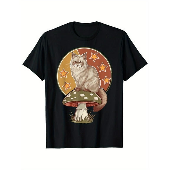 Maine Coon Cat Graphic Tee T-Shirt Top,Cotton Casual Crew Neck Short Sleeve Shirt Black S-5XL