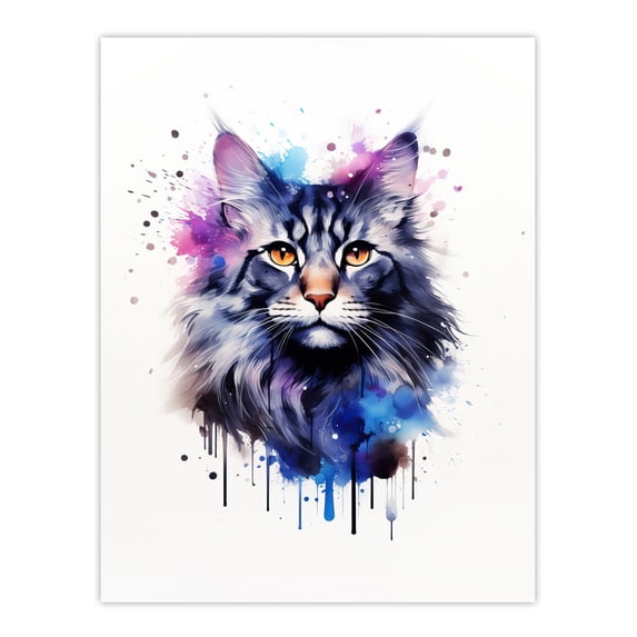 Maine Coon Cat Lovers Gift Watercolour Pet Portrait Painting Artwork Large Wall Art Poster Print Thick Paper 18X24 Inch