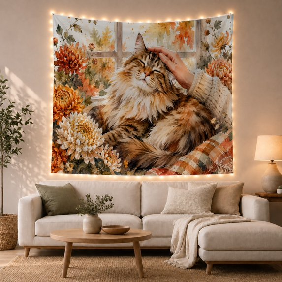 Maine Coon Cat Being Petted with Autumn Chrysanthemums in Rustic Window, Cozy Watercolor for Cat Lovers, Pet Art Decor, Thanksgiving Gift, Tapestry Wall Hanging for Bedroom and Living Room