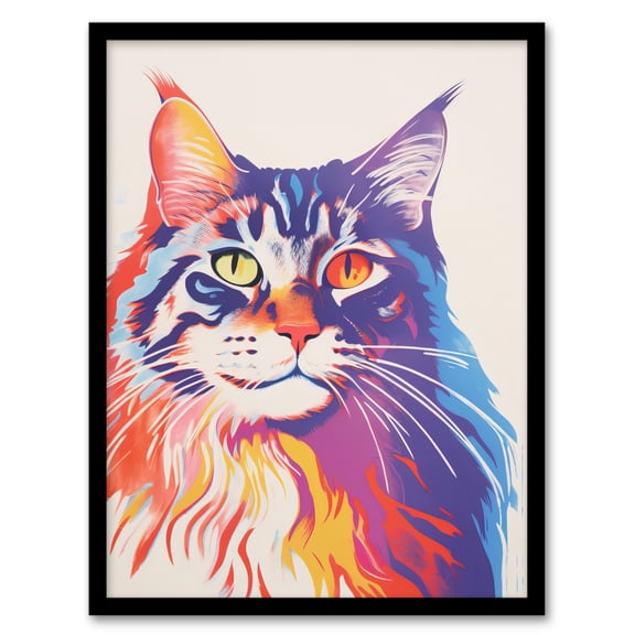 Maine Coon Cat Risograph Bright Orange Purple Blue Screenprint Artwork Riso Interior Design Art Print Framed Poster Wall Decor 12x16 inch