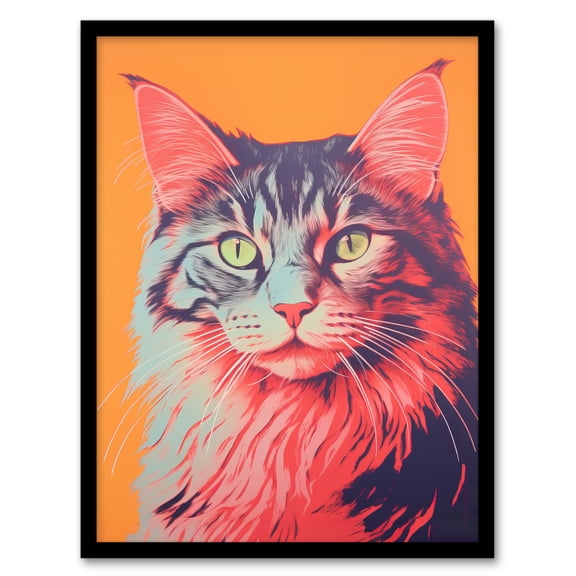 Maine Coon Cat Screen Print Risograph Artwork Spot Block Colour Duotone Retro Riso Interior Design Art Print Framed Poster Wall Decor 12x16 inch