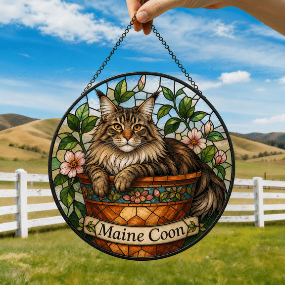 Maine Coon Cat Stained Glass Suncatcher Window Hanging Pet Lover Gift
