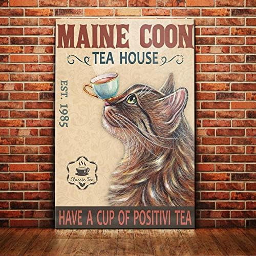 Maine Coon Cat Tea House Metal Tin Sign Vintage Aluminum Sign 8x12 Inch