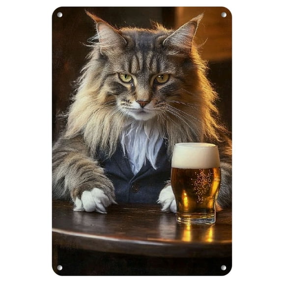 Maine Coon Cats Drinking Beer - Humorous Vintage Metal Sign for Home, Bar, Decor | Perfect Gift for Animal Lovers | Durable Iron 8x12" Wall Art