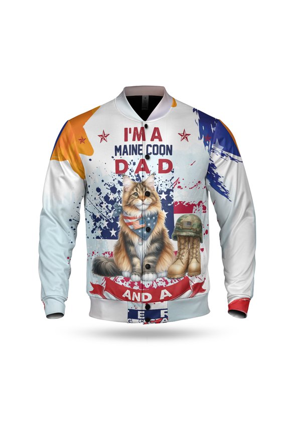 I'm a Maine Coon Dad and a Veteran, Nothing Scares me Happy Father's Day All Over Print 3D Baseball Jacket Cat Lover Kitten Owner Gifts Bomber Jacket Softball - 00006
