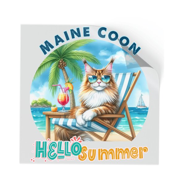 Maine Coon Hello Summer Beach Theme with Sunglasses and Tropical Cocktail Cutout Transfer Sticker Cat Lover Kitten Owner Gifts Transparent Decal Art Decor - 00009