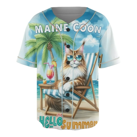 Maine Coon Hello Summer Beach Theme with Sunglasses and Tropical Cocktail All Over Print 3D Baseball Shirt Cat Lover Kitten Owner Gifts Softball Sport - 00009