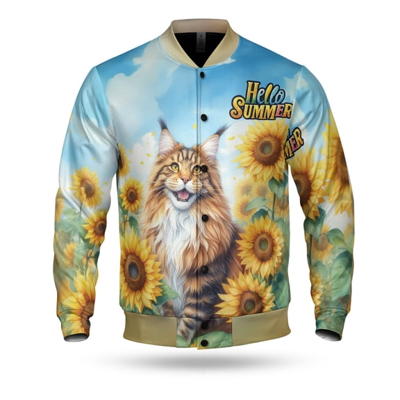 Maine Coon Hello Summer Sunshine Sunflowers Spring Retro Vintage All Over Print 3D Baseball Jacket Cat Lover Kitten Owner Gifts Bomber Jacket Softball - 00008
