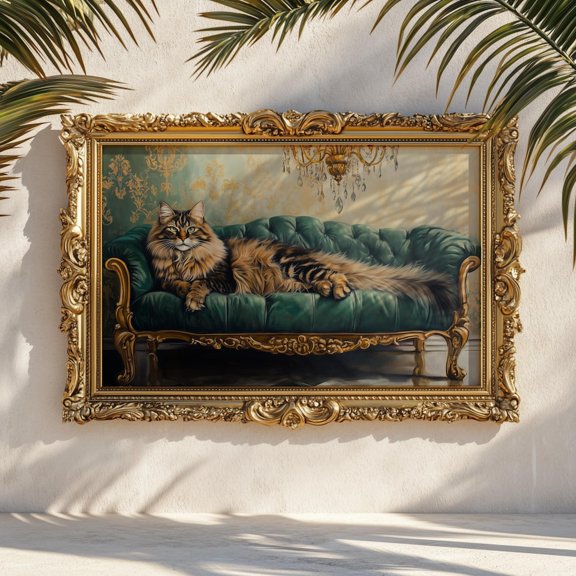 Maine Coon Lounging On Emerald Sofa Wall Print Emerald Orange And Black Cat Living Room Decor, Unframed Paper Print