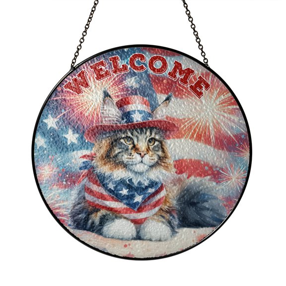 Maine Coon Patriotic Welcome for 4Th of July Independence Day Stained Glass Suncatcher Cat Lover Kitten Owner Gifts Window Hanging Sign Decor - 00010