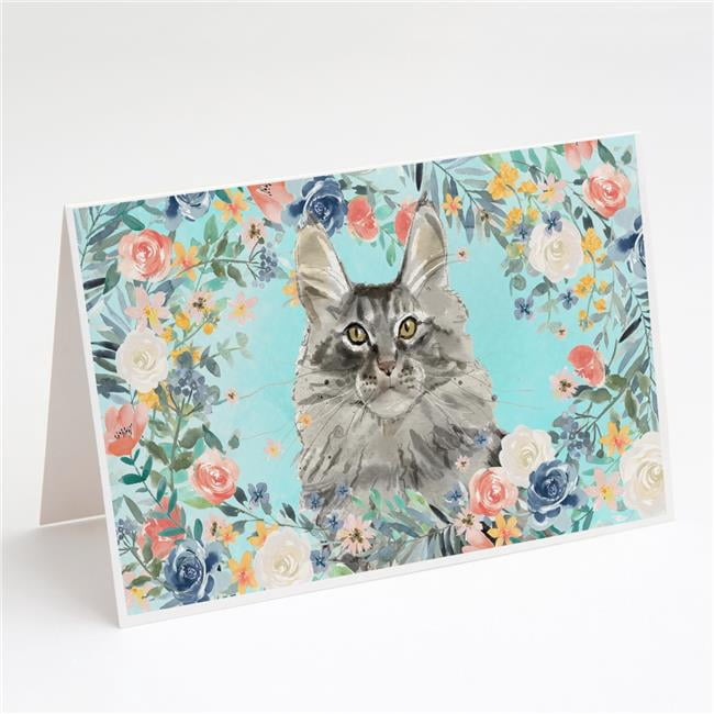 Maine Coon Spring Flowers Greeting Cards & Envelopes - Pack of 8