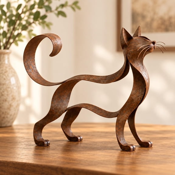 Maine Coon-Style Metal Cat Sculpture, Vintage Bronze Open Frame Cat Statue, Ornamental Filigree Metal Art Figurine, Rustic Farmhouse Home Office Entryway Decor