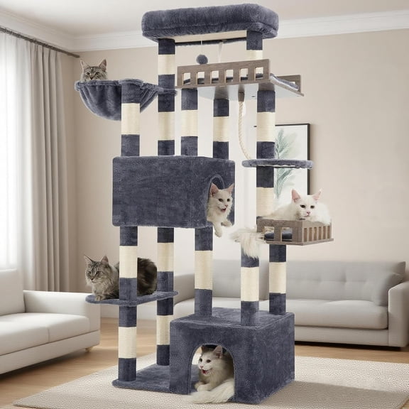 Maine Coon  Tree,   Tree for Indoor Cats Large Adult,  Tower for Large Cats 20 lbs+ with Hammock, 2 Big Perches, 2  Condos, 15  Posts, Smoky Gray GCT033G