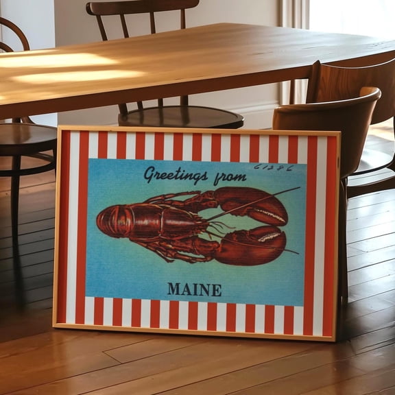 Maine Lobster Print Vintage Blue Red Striped Maine Travel Print New England Artwork Coastal Portland Me Decor Home Decor #476, Unframed Poster Size 8x12