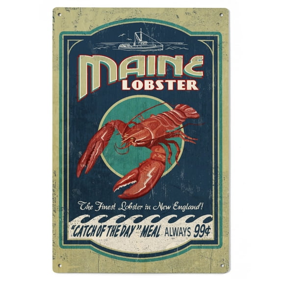 Maine, Lobster Vintage Sign, Contour Birch Wood Wall Sign (6x9 Rustic Home Decor, Ready to Hang Art)