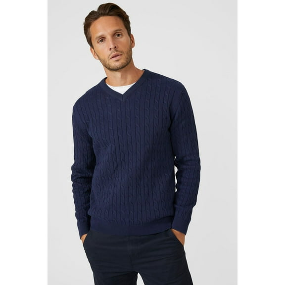 Maine Mens Premium Cable Cotton V Neck Sweater