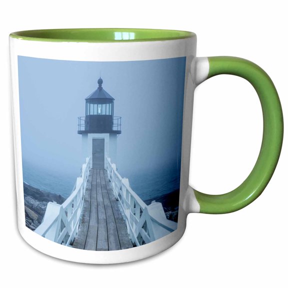 3drose, Maine, Port Clyde. Marshall Point Lighthouse in the Fog., 11oz Two-tone Green Mug