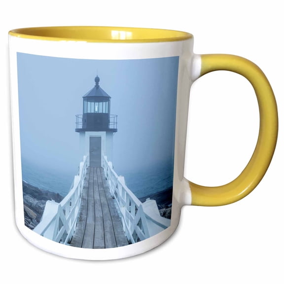 3drose, Maine, Port Clyde. Marshall Point Lighthouse in the Fog., 11oz Two-tone Yellow Mug