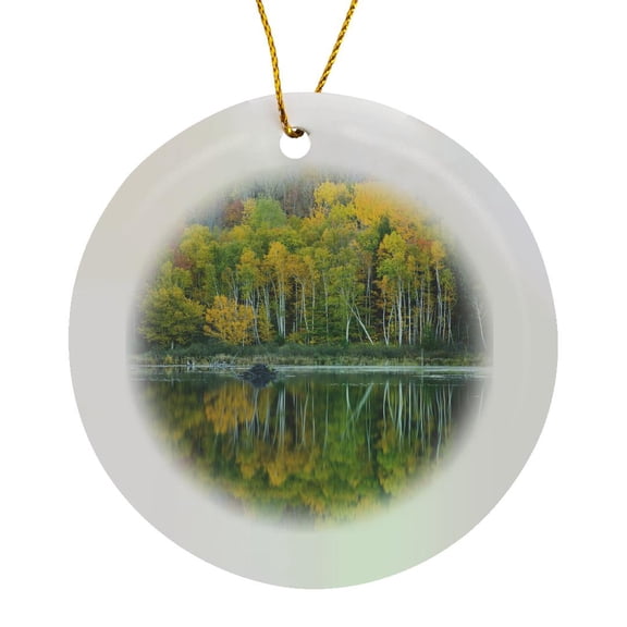 3drose, Maine. Reflections at Beaver Dam Pond in Acadia N.p., Circle Porcelain Ornament